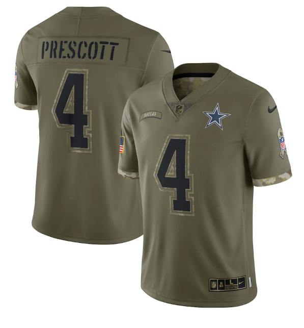 Men's Dallas Cowboys #4 Dak Prescott Olive 2022 Salute To Service Limited Stitched Jersey Men's Dallas Cowboys #4 Dak Prescott Olive 2022 Salute To Service Limited Stitched Jersey
